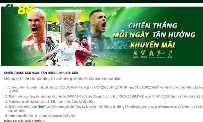 Chương trình khuyến mãi “chiến thắng mỗi ngày, tận hưởng ưu đãi FB88” trên banner
