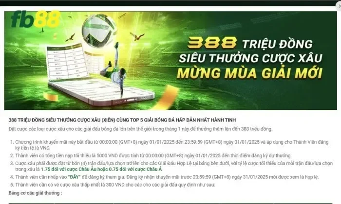 Thời gian và điều kiện áp dụng Siêu thưởng cược xâu FB88